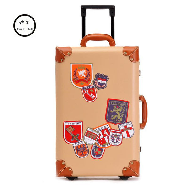 KUNDUI woman Vintage 2 wheels trolley travel Business luggage, retro korea fashion pu suitcase bag, 20 22 24 inch Men box case